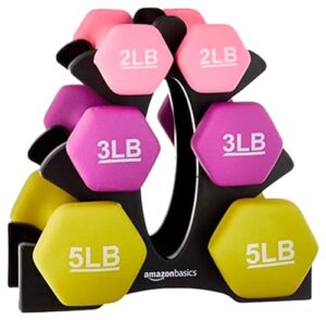 amazon basics neoprene coated hexagon workout dumbbell hand weight, rack with 2, 3, and 5 pound, set of 3, total 20 lb, pink/purple/green