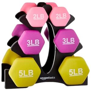 Amazon Basics Neoprene Coated Hexagon Workout Dumbbell Hand Weight, Rack with 2, 3, and 5 pound, Set of 3, Total 20 lb, Pink/Purple/Green