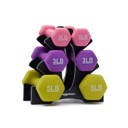 Amazon Basics Neoprene Coated Hexagon Workout Dumbbell Hand Weight, Rack with 2, 3, and 5 pound, Set of 3, Total 20 lb, Pink/Purple/Green