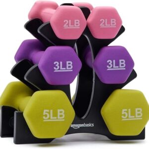 Amazon Basics Neoprene Coated Hexagon Workout Dumbbell Hand Weight, Rack with 2, 3, and 5 pound, Set of 3, Total 20 lb, Pink/Purple/Green