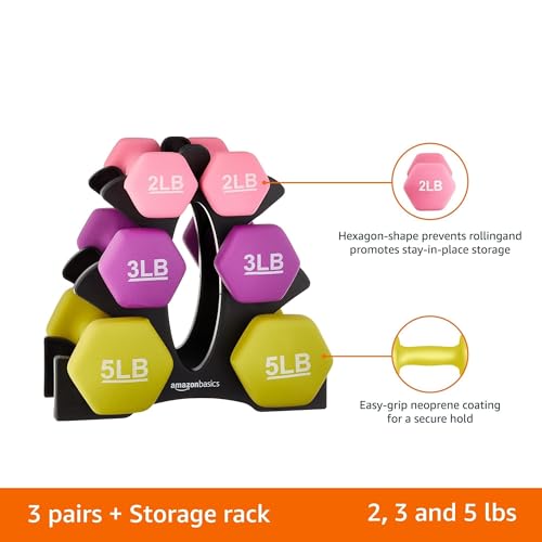 Amazon Basics Neoprene Coated Hexagon Workout Dumbbell Hand Weight, Rack with 2, 3, and 5 pound, Set of 3, Total 20 lb, Pink/Purple/Green