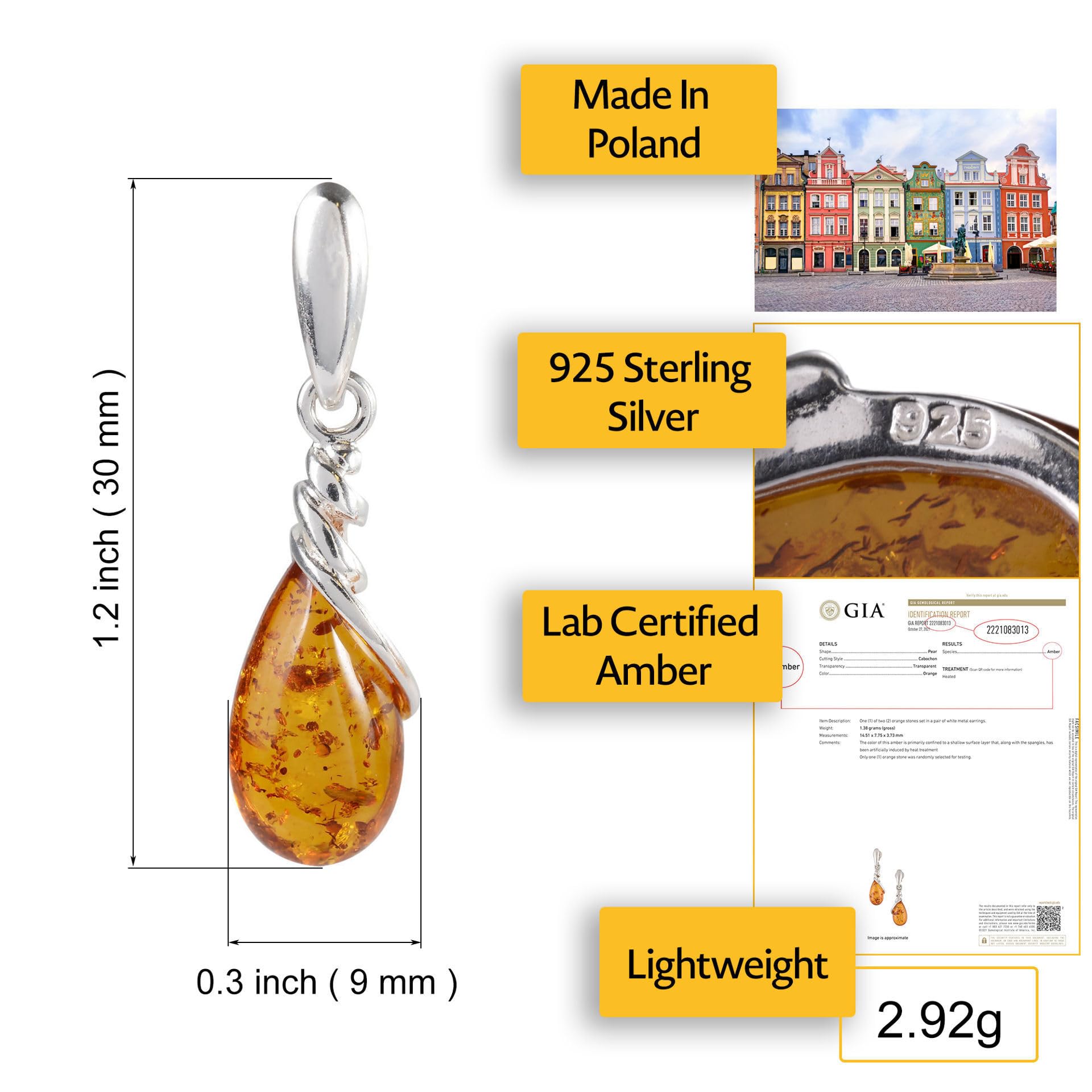 Amber Earrings - 925 Baltic Honey Amber Dangling Earrings "Eleanor" - GIA Certified - Gemstone Dangle Earrings - Sterling Silver Jewelry Collection