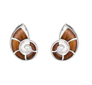 925 sterling silver hawaiian koa wood inlay nautilus sea shell stud earrings, hawaii ocean jewelry, nickle free hypoallergenic for sensitive skin