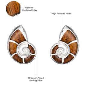 925 Sterling Silver Hawaiian Koa Wood Inlay Nautilus Sea Shell Stud Earrings, Hawaii Ocean Jewelry, Nickle Free Hypoallergenic for Sensitive Skin