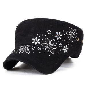 ililily Crystal Gemstone Stud Flower Vintage Cotton Military Army Hat Cadet Cap, Black