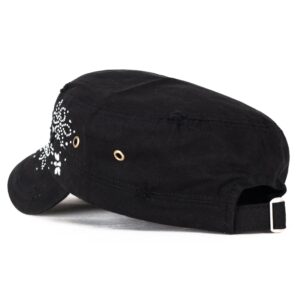 ililily Crystal Gemstone Stud Flower Vintage Cotton Military Army Hat Cadet Cap, Black