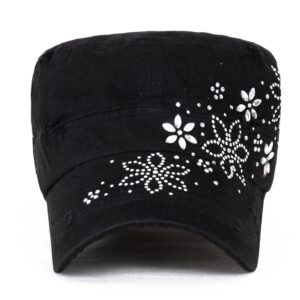 ililily Crystal Gemstone Stud Flower Vintage Cotton Military Army Hat Cadet Cap, Black