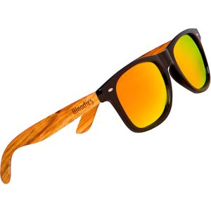 woodies zebra wood sunglasses with orange mirrored polarized lens and real wooden frame for men and women | 100% uva/uvb protection