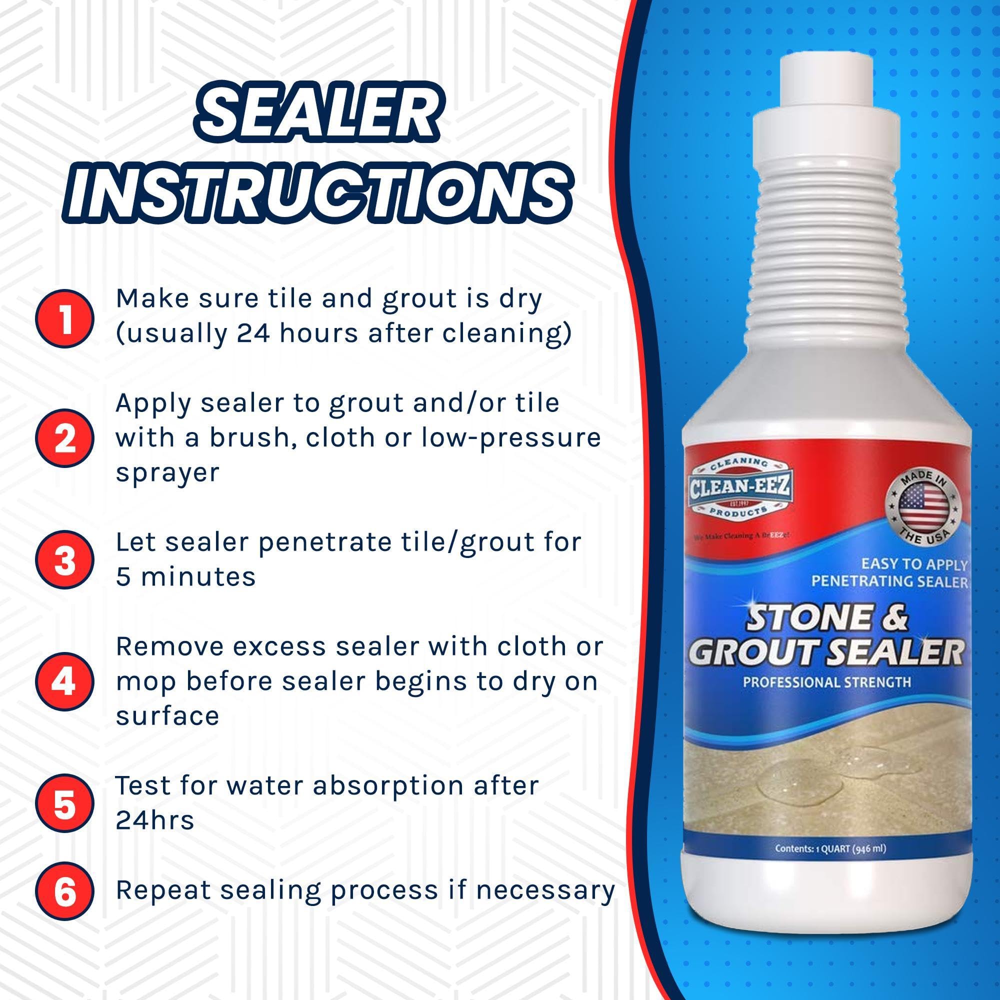 Clean-eez Grout Sealer - Protect Your Floors and Showers from Stains - Natural Stone Safe - Water and Oil Shield - Large 32 oz Bottle