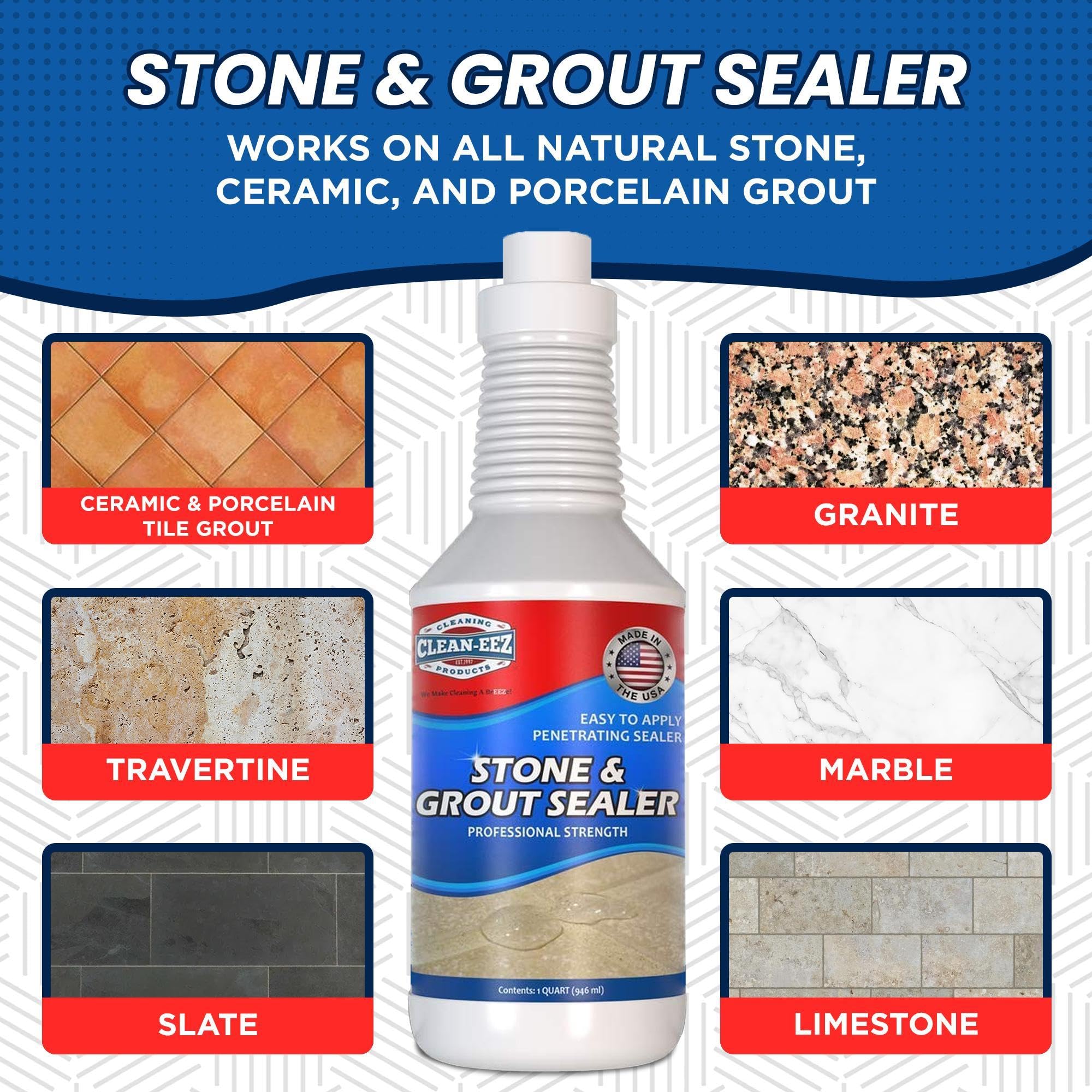 Clean-eez Grout Sealer - Protect Your Floors and Showers from Stains - Natural Stone Safe - Water and Oil Shield - Large 32 oz Bottle