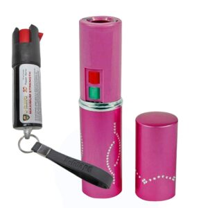 lipstick stun gun keychain self defense kit for women. personal protection non lethal stun gun flashlight combo with police grade oc, cs & uv dye tear gas. stun gun color (pink)