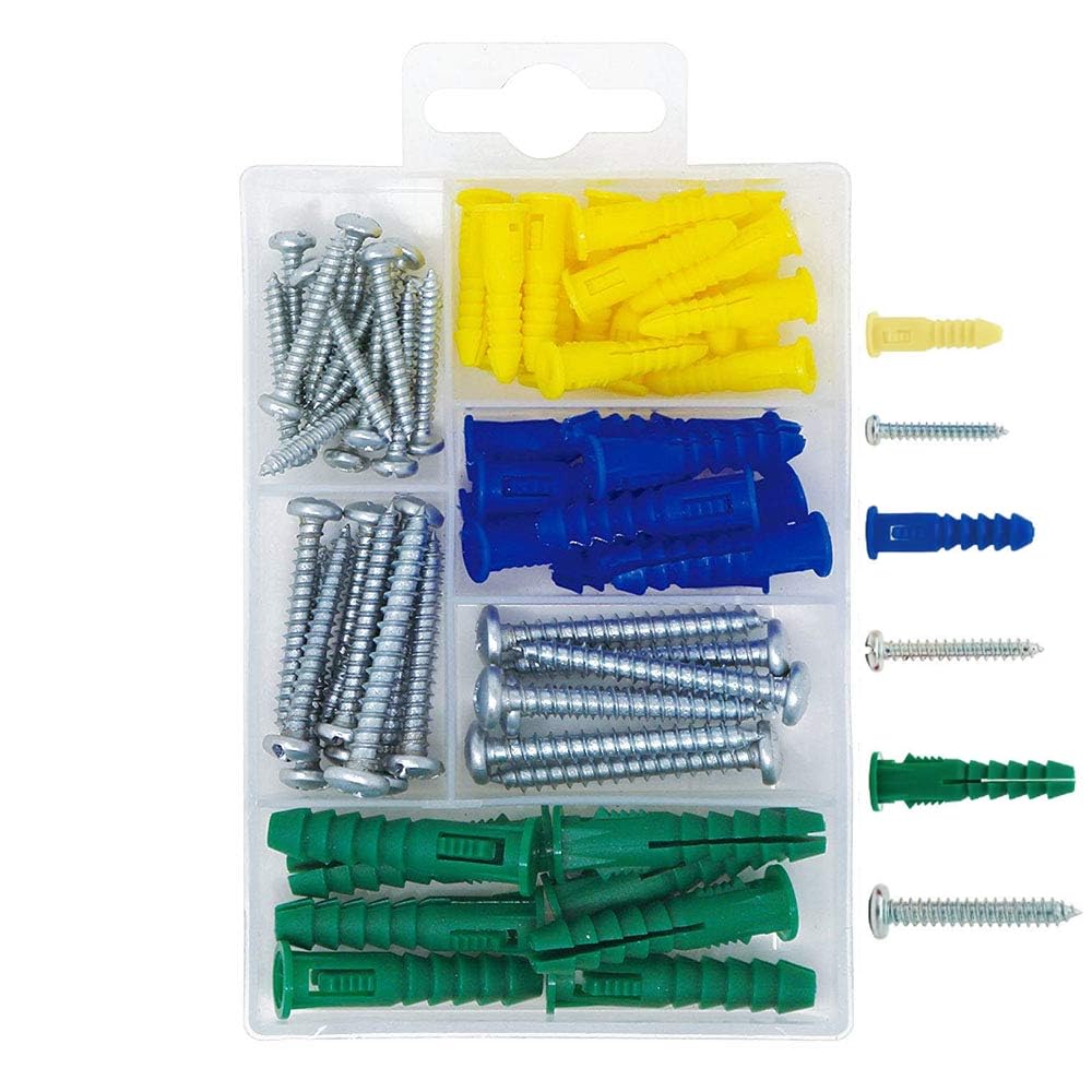 T.K.Excellent Plastic Self Drilling Drywall Ribbed Anchors with Phillips Pan Head Self Tapping Screws Assortment Kit,66 Pieces