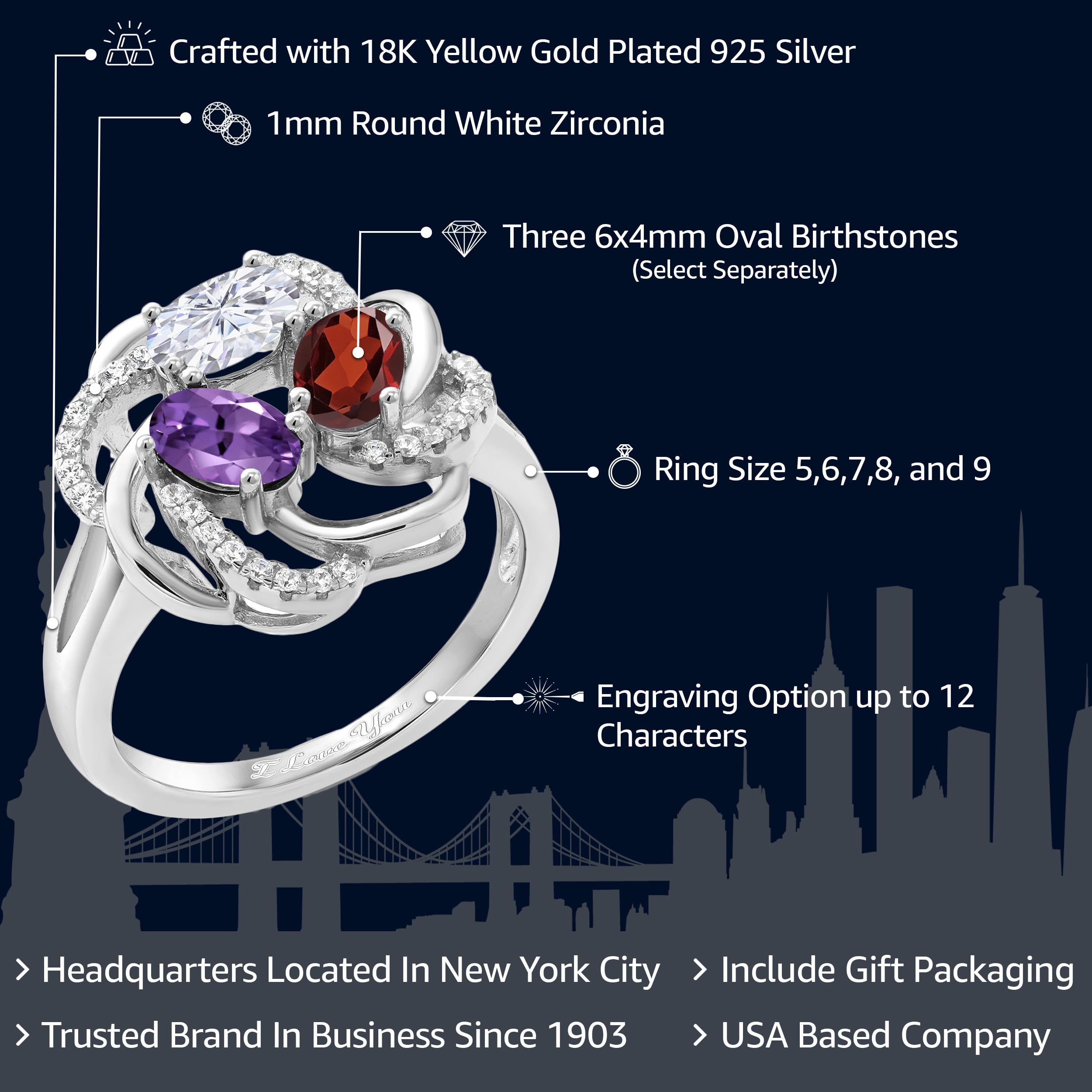 Gem Stone King 925 Sterling Silver Promise Customized and Personalized Build Your Own 3 Birthstone For He Engagement Flower Blossom Ring For Women (Size 9)