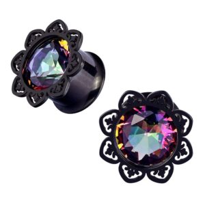 Qmcandy 2pcs 0g-1" Stainless Steel Lotus Edge Crystal Ear Gauges Piercing 0g