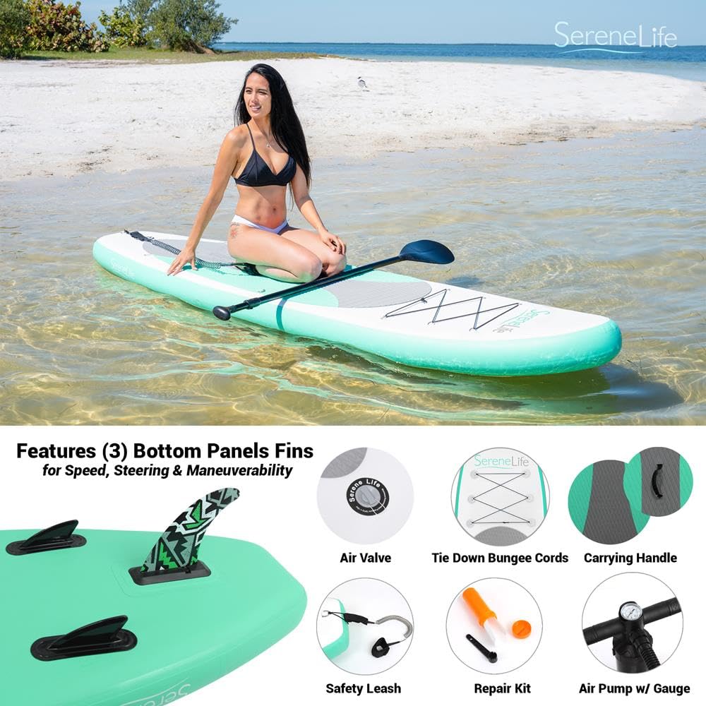 SereneLife Stand up Paddle Board Inflatable - Non-Slip SUP Paddle Board Paddle, Pump, Leash, and Accessories - Fun Water inflatable paddle board for Adults and Youth with Wide Stable Design