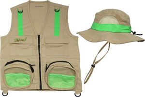 eagle eye explorer s/m combination set safe for boys and girls: 1 tan cargo vest for kids with reflective safety straps & 1 floppy bucket sun hat with chin strap. color: tan