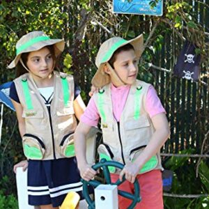 Eagle Eye Explorer S/M Combination Set Safe for Boys and Girls: 1 Tan Cargo Vest for Kids with Reflective Safety Straps & 1 Floppy Bucket Sun Hat with Chin Strap. Color: Tan