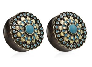 pierced owl turquoise antique gold plated tribal sun organic ebony wood double flared saddle plugs, sold as a pair (10mm (00ga))