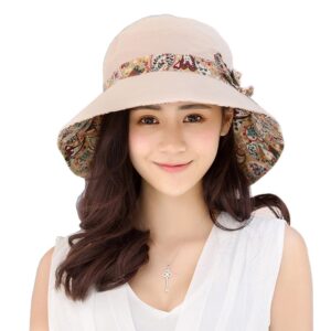 flyou womens sun hat summer foldable beach cap wide brim uv protection outdoor dome hats (beige)