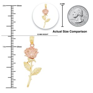 CA CHARMAMERICA Gold Long Stem Rose Charm - Rose Pendant Charm - Mother's Day Gift, Birthday Gift - Rose Flower Dangle Charm -10 Karat Solid Yellow and Rose Gold (Style 1)