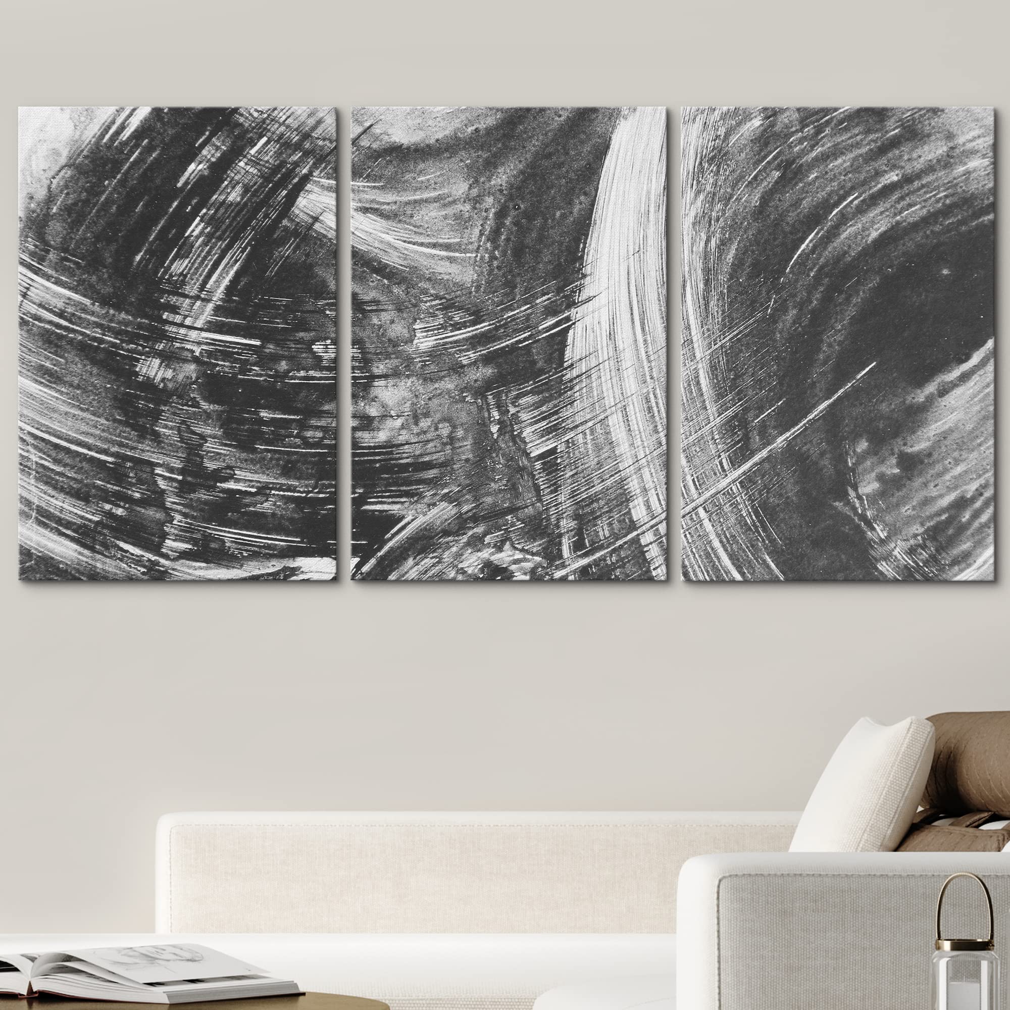 wall26 Canvas Print Wall Art Swirling Black & White Paint Strokes Abstract Shapes Digital Art Modern Bohemian Scenic Relax Multicolor Colorful for Living Room, Bedroom, Office - 16"x24"x3 Panels