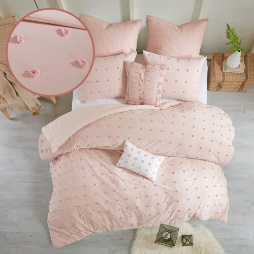 Urban Habitat Cotton Comforter Set Pink Jacquard Tufts Pom Pom Shabby Chic Boho Comforter Set Queen All Season Bedding Winter Beddys, Matching Shams, Decorative Pillows, Full (88 in x 92 in), 7 Piece