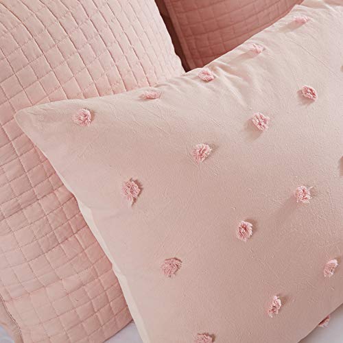 Urban Habitat Cotton Comforter Set Pink Jacquard Tufts Pom Pom Shabby Chic Boho Comforter Set Queen All Season Bedding Winter Beddys, Matching Shams, Decorative Pillows, Full (88 in x 92 in), 7 Piece