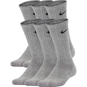 Nike Kids' Performance Cushioned Crew Training Socks (6 Pair), Girls & Boys' Socks with Cushioned Comfort & Dri-FIT Technology, Dark Grey Heather/Black, M