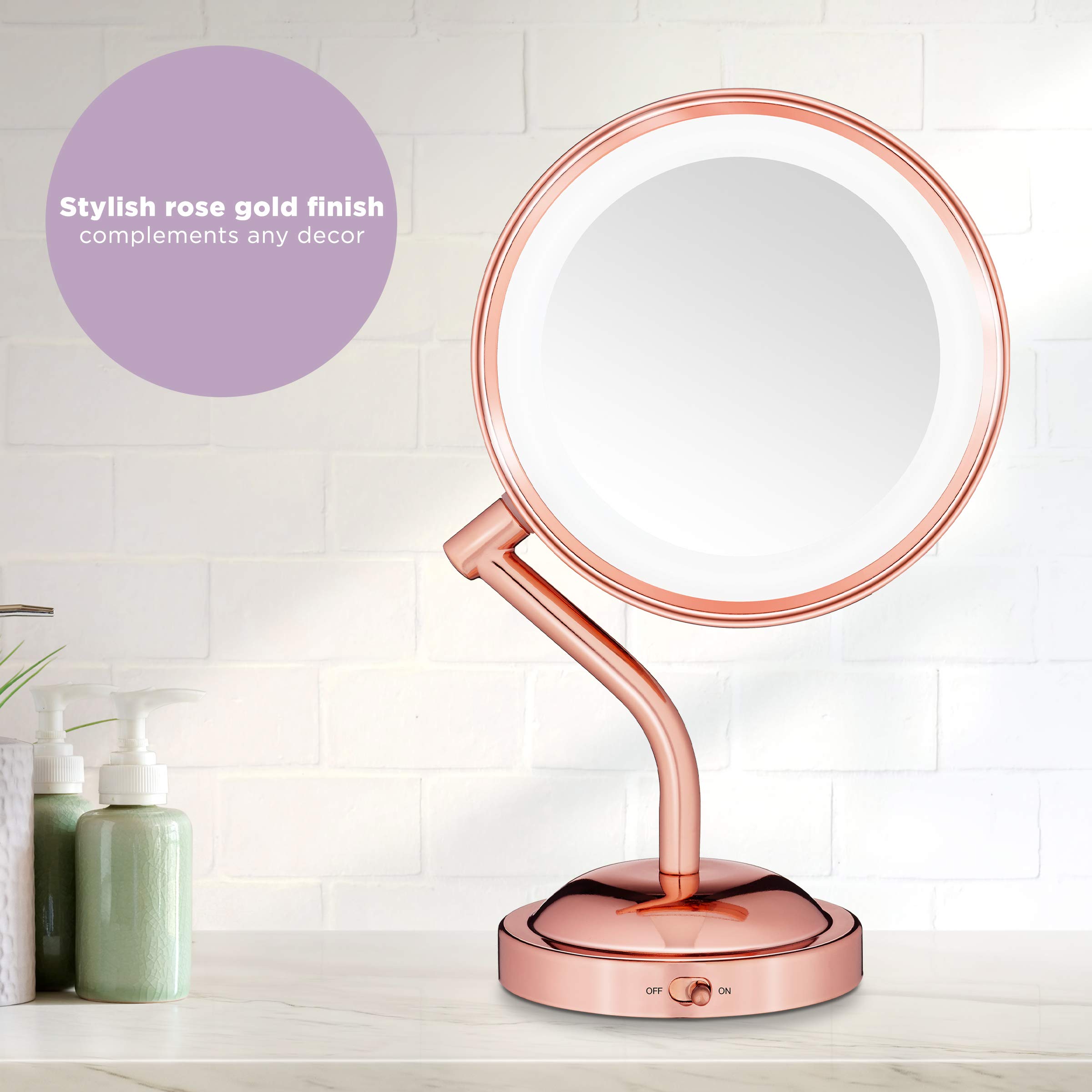 Conair Lighted Makeup-Mirror with Magnification, LED Vanity-Mirror, 1X/5X Magnifying-Mirror, Double Sided-Mirror, Operated in-Battery Rose Gold