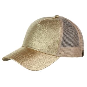 C.C Ponycap Messy High Bun Ponytail Adjustable Glitter Mesh Trucker Baseball Cap, Gold,One Size