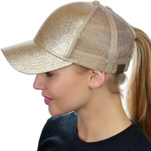 C.C Ponycap Messy High Bun Ponytail Adjustable Glitter Mesh Trucker Baseball Cap, Gold,One Size