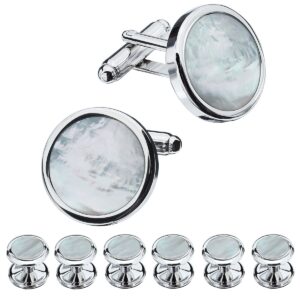 HAWSON Mother of Pearl Man Tuxedo Shirt Studs and Cufflinks Set for Wedding Business (Silver or Gold Tone)