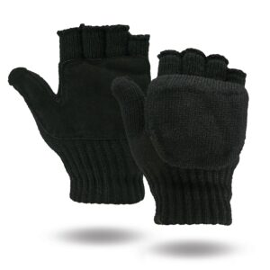 illinois glove company 361l rag wool glomitt flip mitten 3m thinsulate lined soft leather grip palm l black, soft leather palm for grip, elastic wrist, mitten flips open to expose fingerless gloves