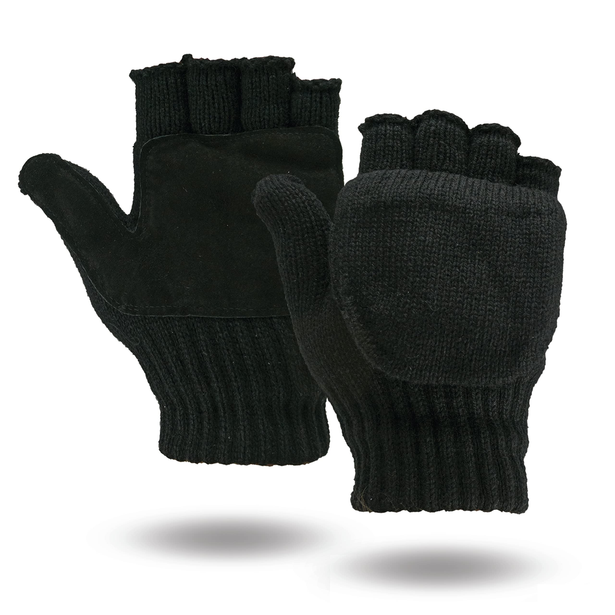 Illinois Glove Company 361L Rag Wool Glomitt Flip Mitten 3M Thinsulate Lined Soft Leather Grip Palm L Black, Soft Leather Palm for Grip, Elastic Wrist, Mitten Flips Open to Expose Fingerless Gloves