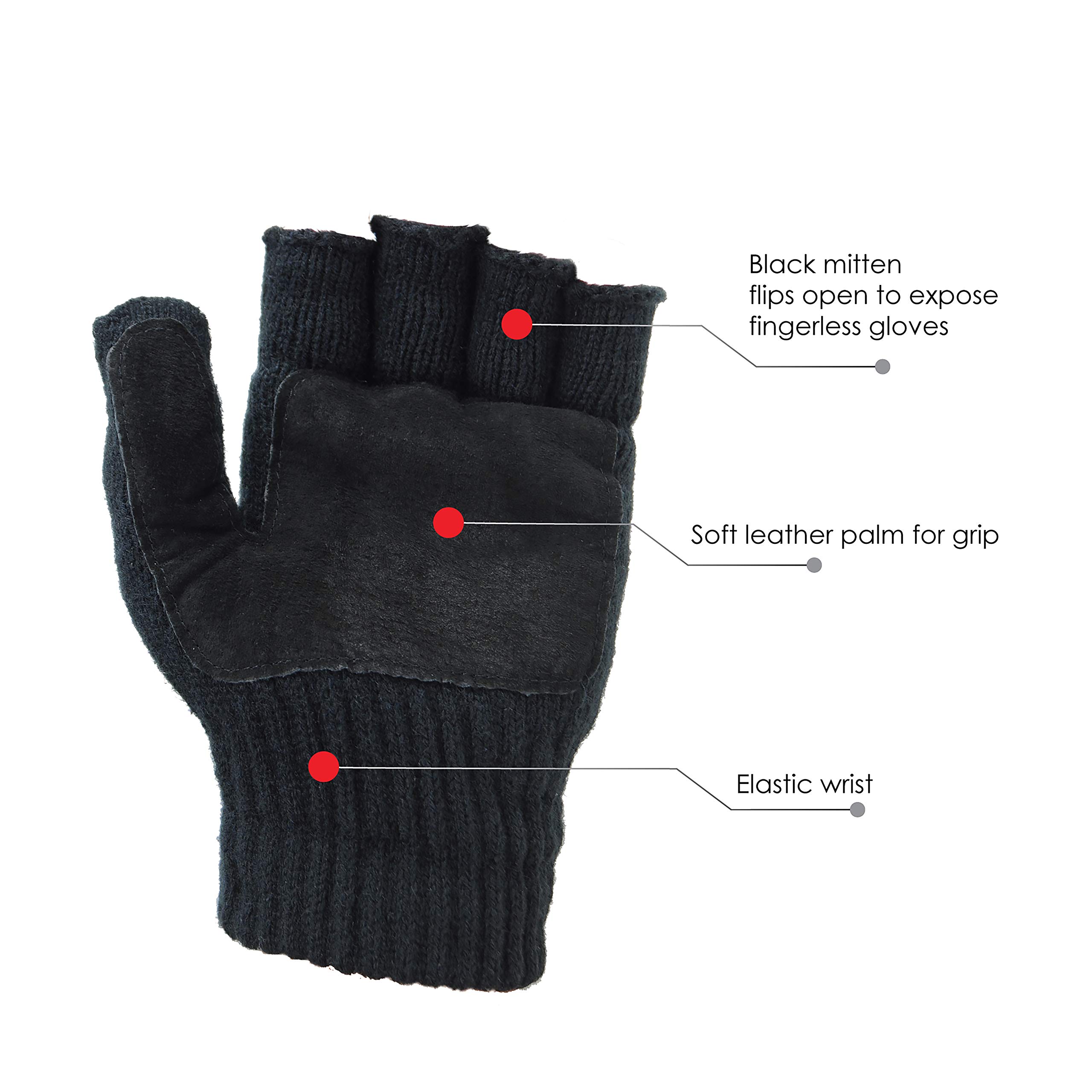 Illinois Glove Company 361L Rag Wool Glomitt Flip Mitten 3M Thinsulate Lined Soft Leather Grip Palm L Black, Soft Leather Palm for Grip, Elastic Wrist, Mitten Flips Open to Expose Fingerless Gloves