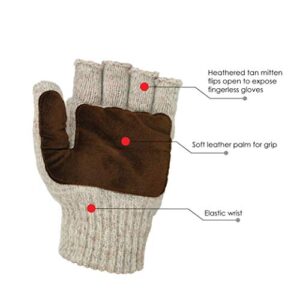 Illinois Glove Company 360L Rag Wool Glomitt Flip Mitten 3M Thinsulate Lined Soft Leather Grip Palm L Tan, Soft Leather Palm for Grip, Elastic Wrist, Mitten Flips Open to Expose Fingerless Gloves