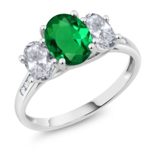 Gem Stone King 10K White Gold Green Nano Emerald White Topaz and White Diamond Oval 3-Stone Engagement Ring For Women (2.00 Cttw, Gemstone May Birthstone, Available In Size 5, 6, 7, 8, 9)