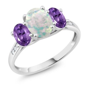 gem stone king 10k white gold white simulated opal purple amethyst and white diamond oval 3-stone engagement ring for women (1.75 cttw, available in size 5, 6, 7, 8, 9)