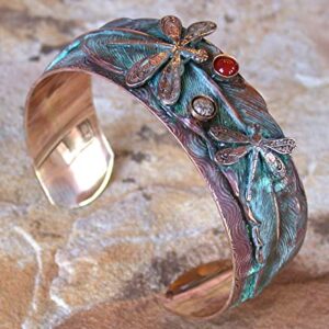 Elaine Coyne Dragonflies on Feather Wearable Art Cuff Bracelet - Semi-Precious Stones