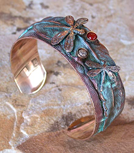 Elaine Coyne Dragonflies on Feather Wearable Art Cuff Bracelet - Semi-Precious Stones