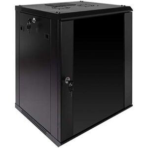 NavePoint 12U Server Rack Enclosure with Glass Door, Cooling Fan, Locks, & Removable Side Panels - 12U Wall Mount Network Cabinet 19 Inch Rack 17.7 Inches Deep