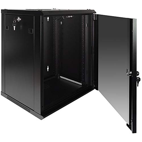 NavePoint 12U Server Rack Enclosure with Glass Door, Cooling Fan, Locks, & Removable Side Panels - 12U Wall Mount Network Cabinet 19 Inch Rack 17.7 Inches Deep