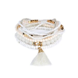 lureme bohemian beads pearl tassel multi strand textured stackable bangle bracelet set-white(bl003054-1)