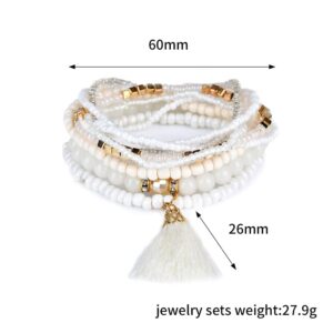 LUREME Bohemian Beads Pearl Tassel Multi Strand Textured Stackable Bangle Bracelet Set-White(bl003054-1)