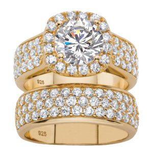 PalmBeach Yellow Gold-plated Sterling Silver Round Cubic Zirconia Pave Halo Bridal Ring Set Sizes 6-10 Size 6