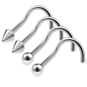 bodyjewellery 4pcs 20g 0.8mm Nose Screw Rings Nostril Stud Surgical Stainless Steel 2mm Cone Spike 2mm Ball