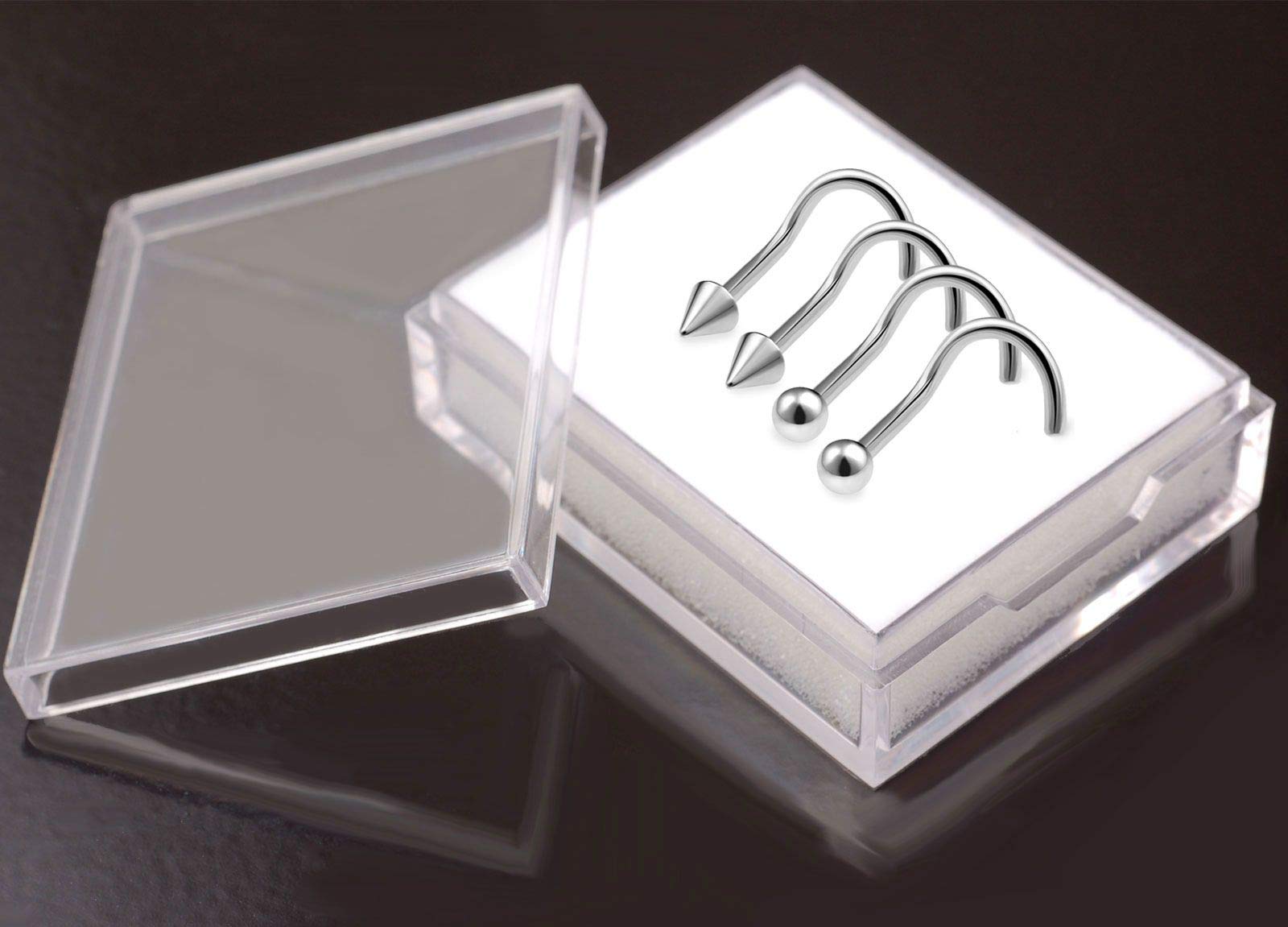 bodyjewellery 4pcs 20g 0.8mm Nose Screw Rings Nostril Stud Surgical Stainless Steel 2mm Cone Spike 2mm Ball