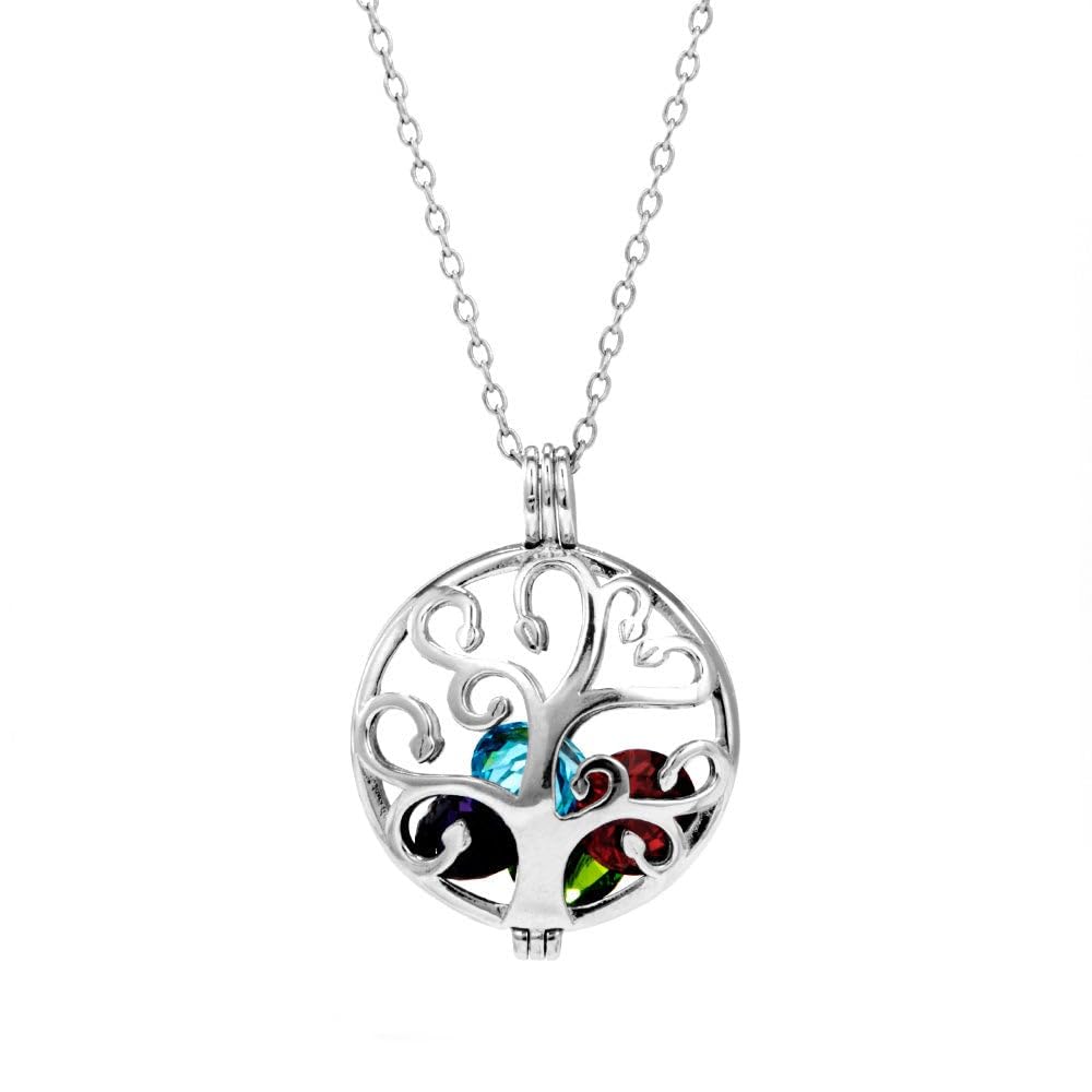 Women's Sterling Silver Personalized 6mm Round Simulated Birthstone Family Tree Locket (16" chain) - Personalized Birthstone Necklaces - Family Tree Jewelry - Gifts for Mom