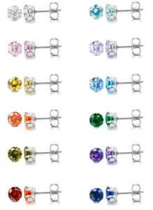 loyallook 12 pairs stainless steel brilliant cut round cubic zirconia birthstone stud earrings for women (c:3mm 12 pairs)