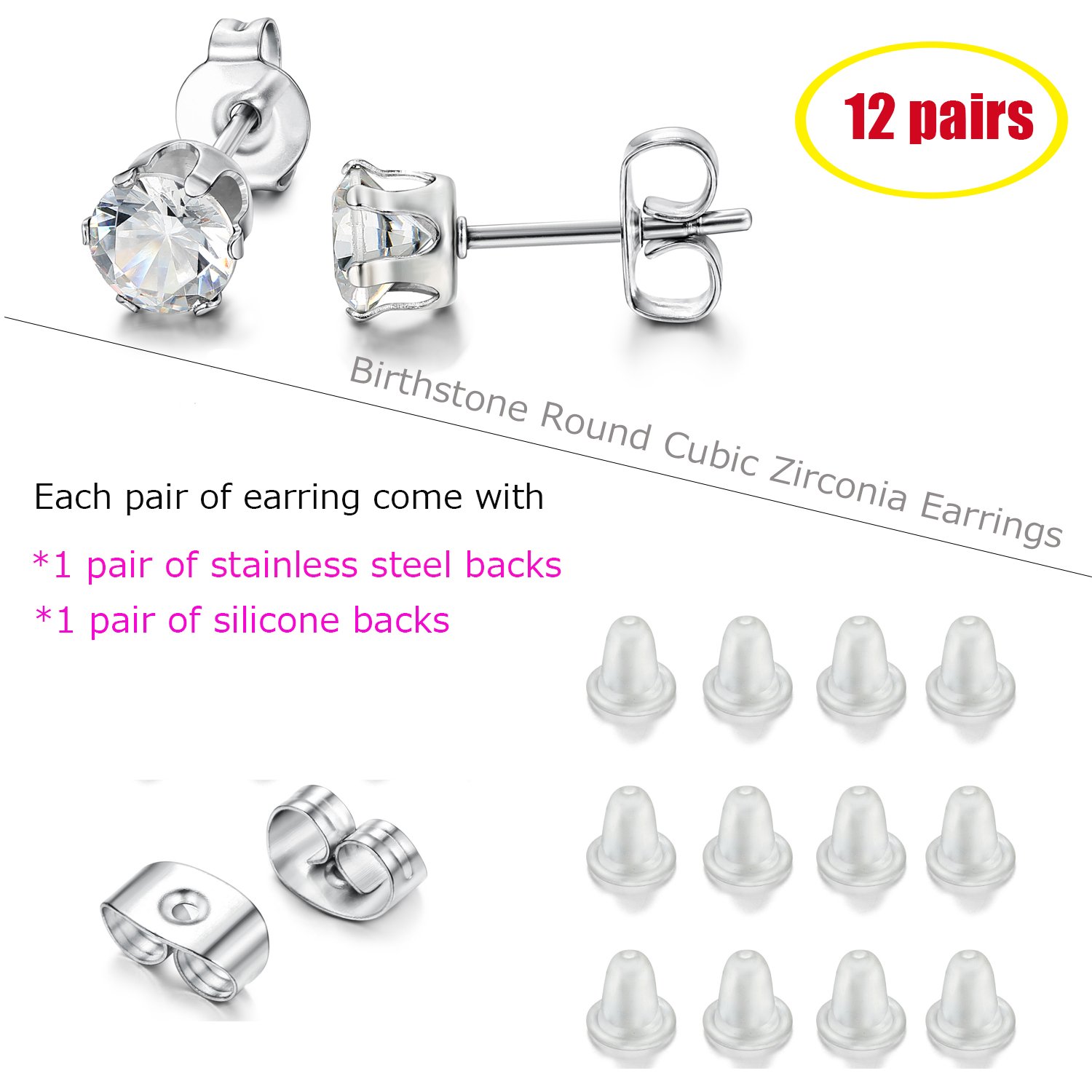 LOYALLOOK 12 Pairs Stainless Steel Brilliant Cut Round Cubic Zirconia Birthstone Stud Earrings for Women (C:3mm 12 pairs)